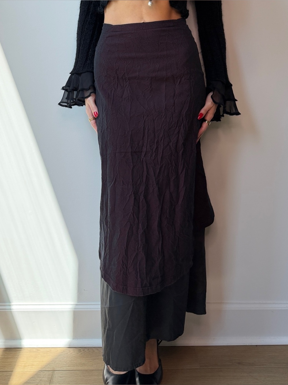 Vintage Cop Copine Y2K Burgundy Mermaid Maxi Skirt Layered Handkerchief Hem